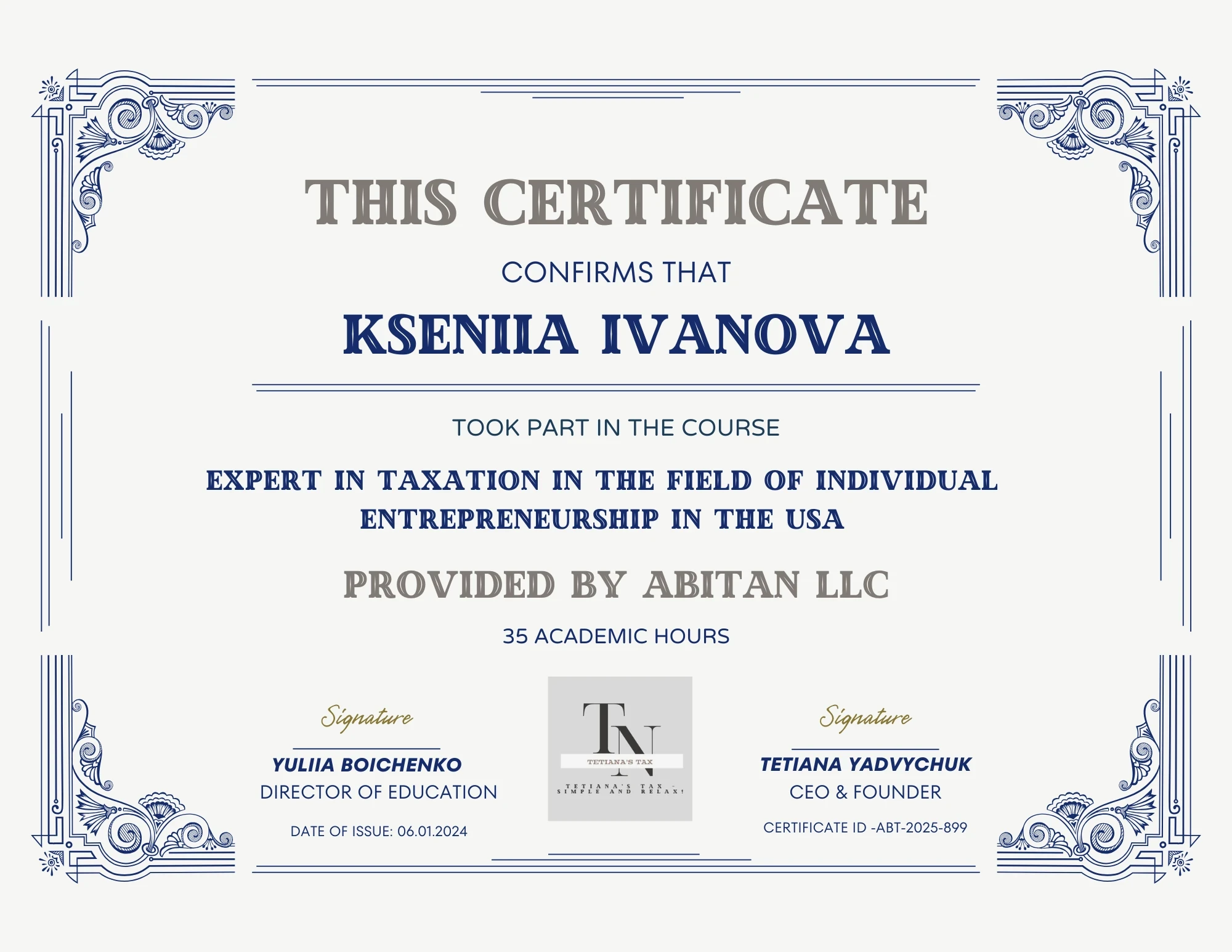 Татьяна Ядвичук ABITAN LLC Tax Preparation Services - Фото 6