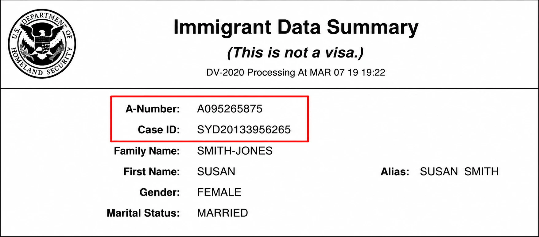 На выписке по данным на иммигранта (Immigrant Data Summary)
