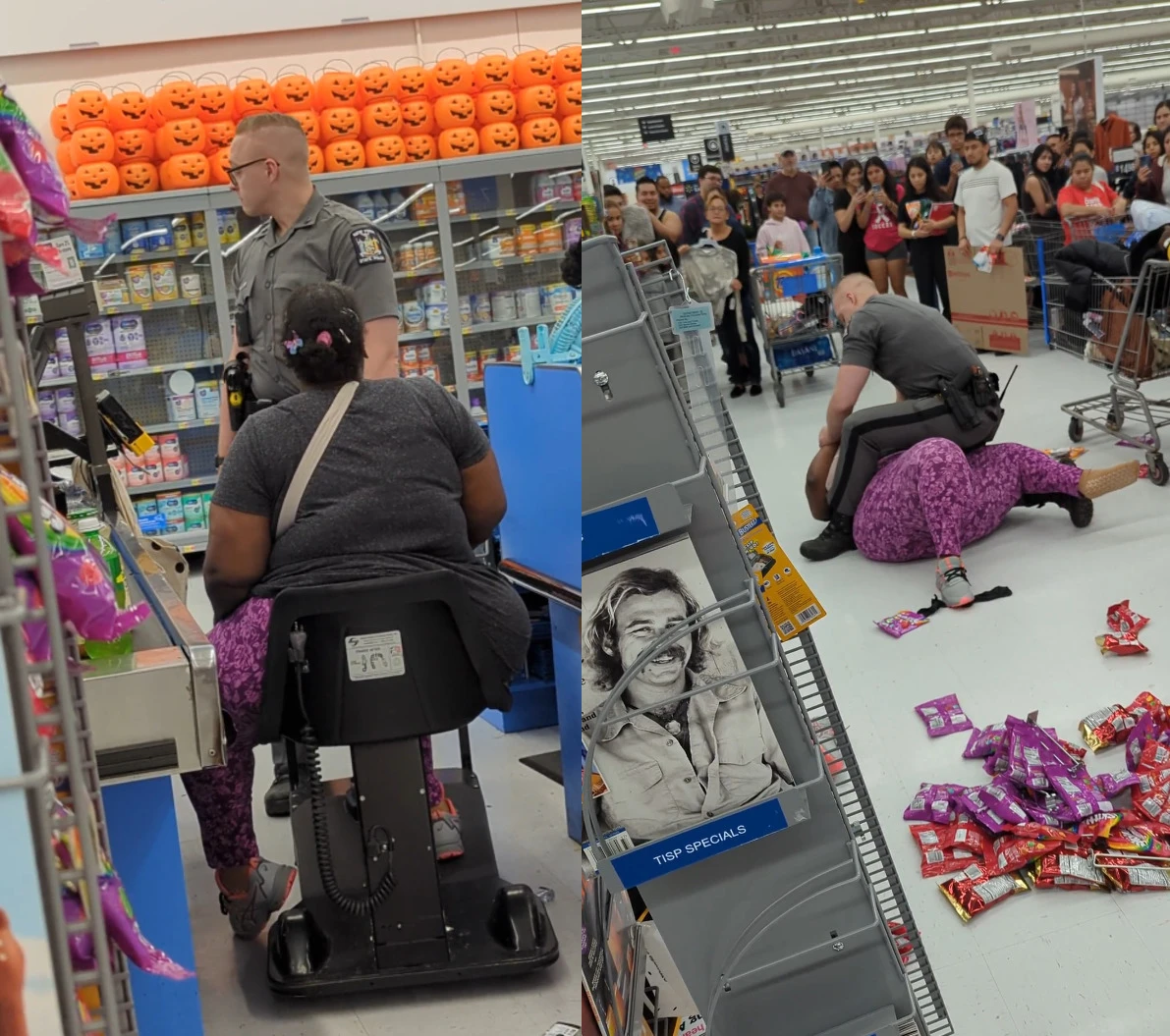 В Walmart женщина на скутере ввязалась в драку с копом, который обвинил ее в краже
